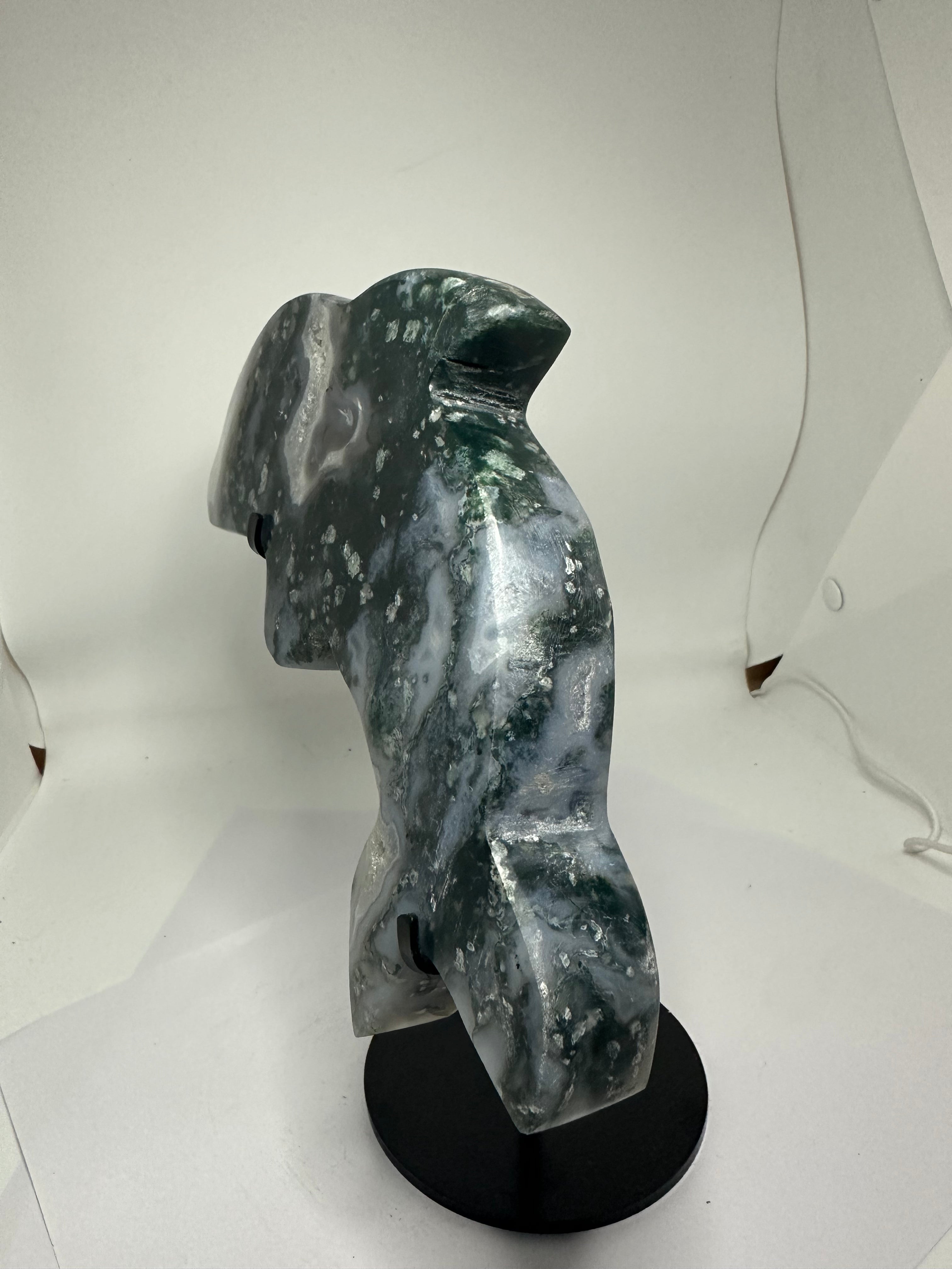 Moss Agate Dolphin Carving with Druzy on Custom Stand – 1.3kg