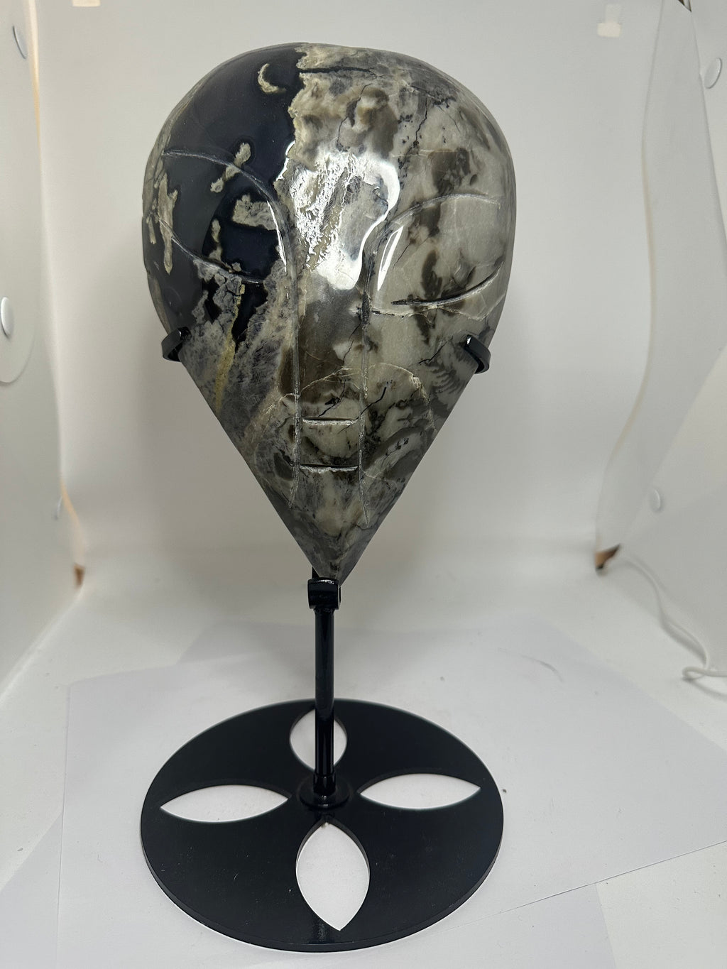 Volcanic Agate Alien Head Carving on Custom Stand – 2kg