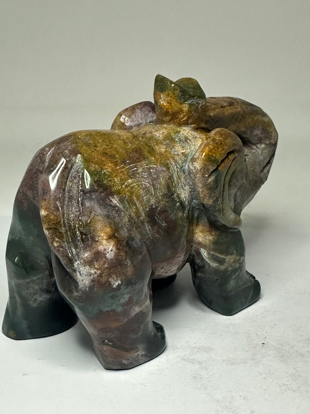 Carved ocean jasper elephant carving, 522g, shown from another angle