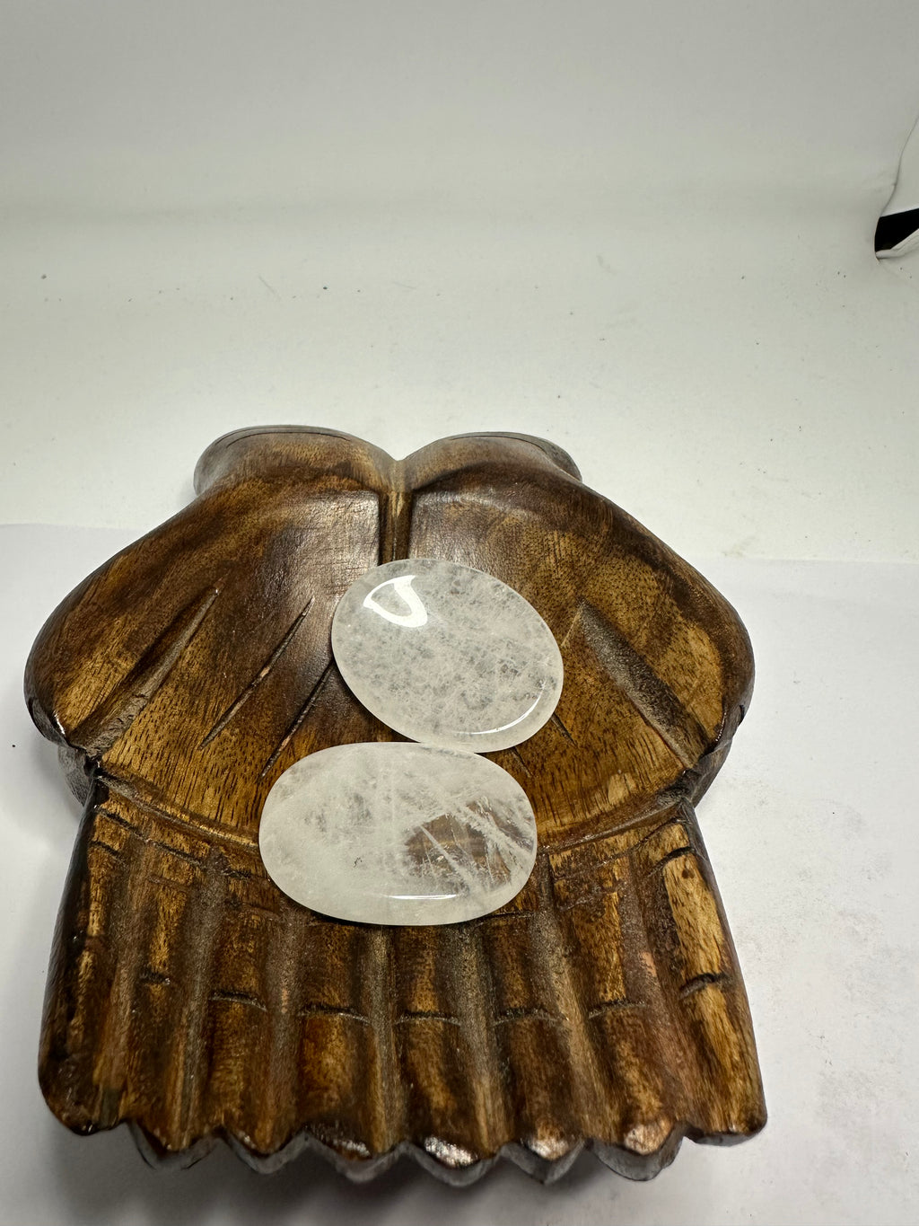 Polished clear quartz worry stone, 23g, shown from another angle