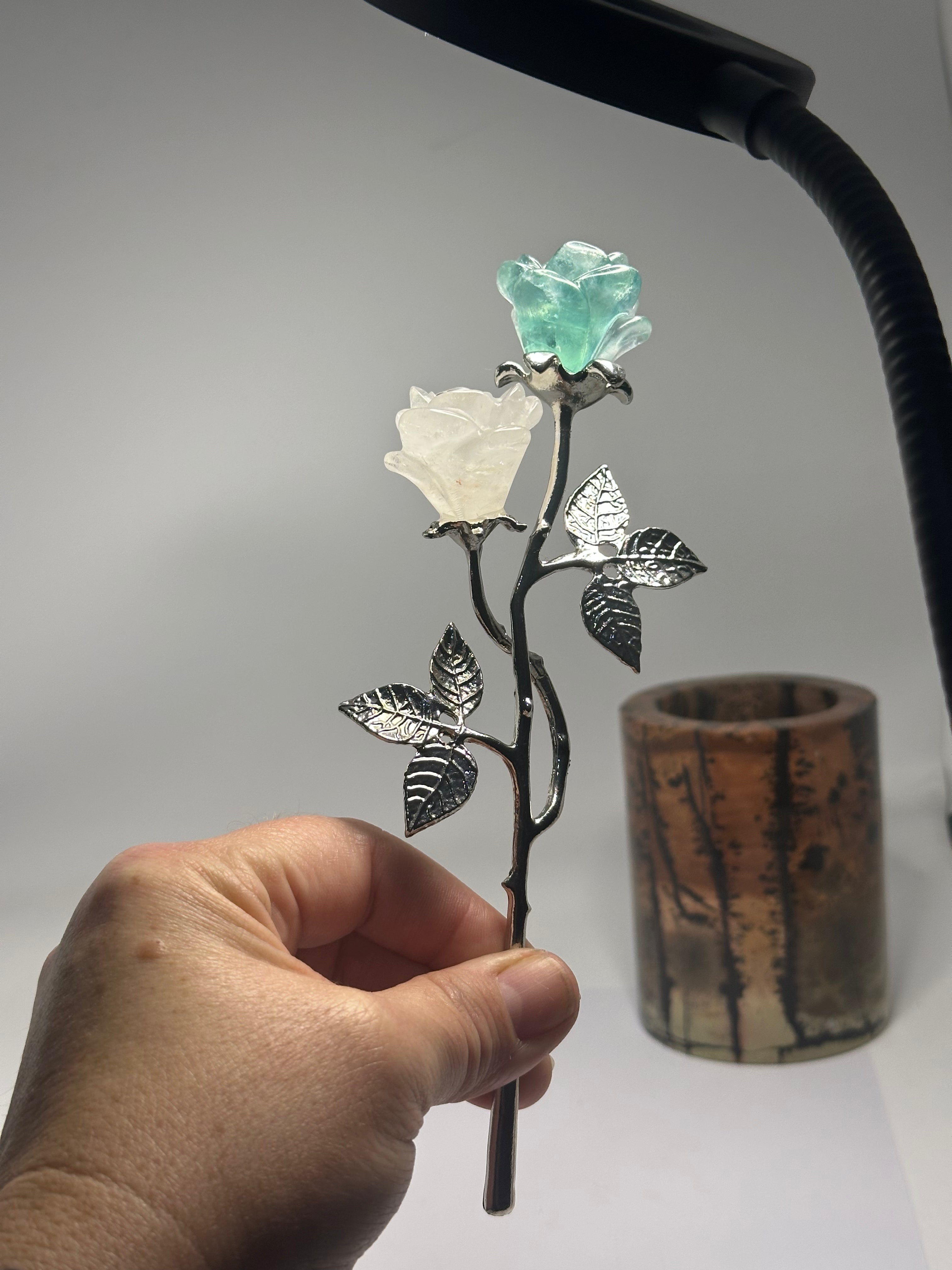 Double Rose Carving – Green/Blue Fluorite & Clear Quartz – 100g