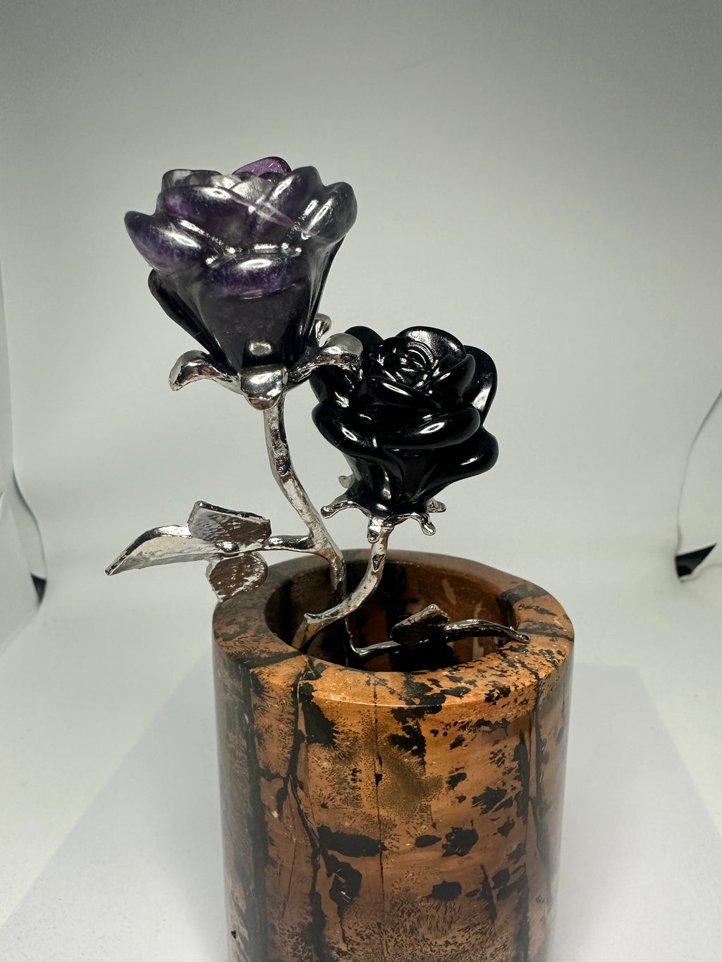 Double Rose Carving – Black Obsidian & Purple Fluorite – 106g