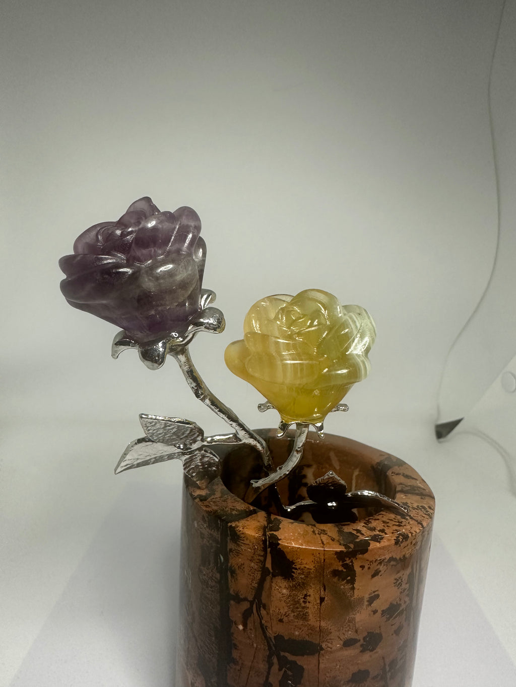 Double Fluorite Rose with Silver Metal Stem – 115g