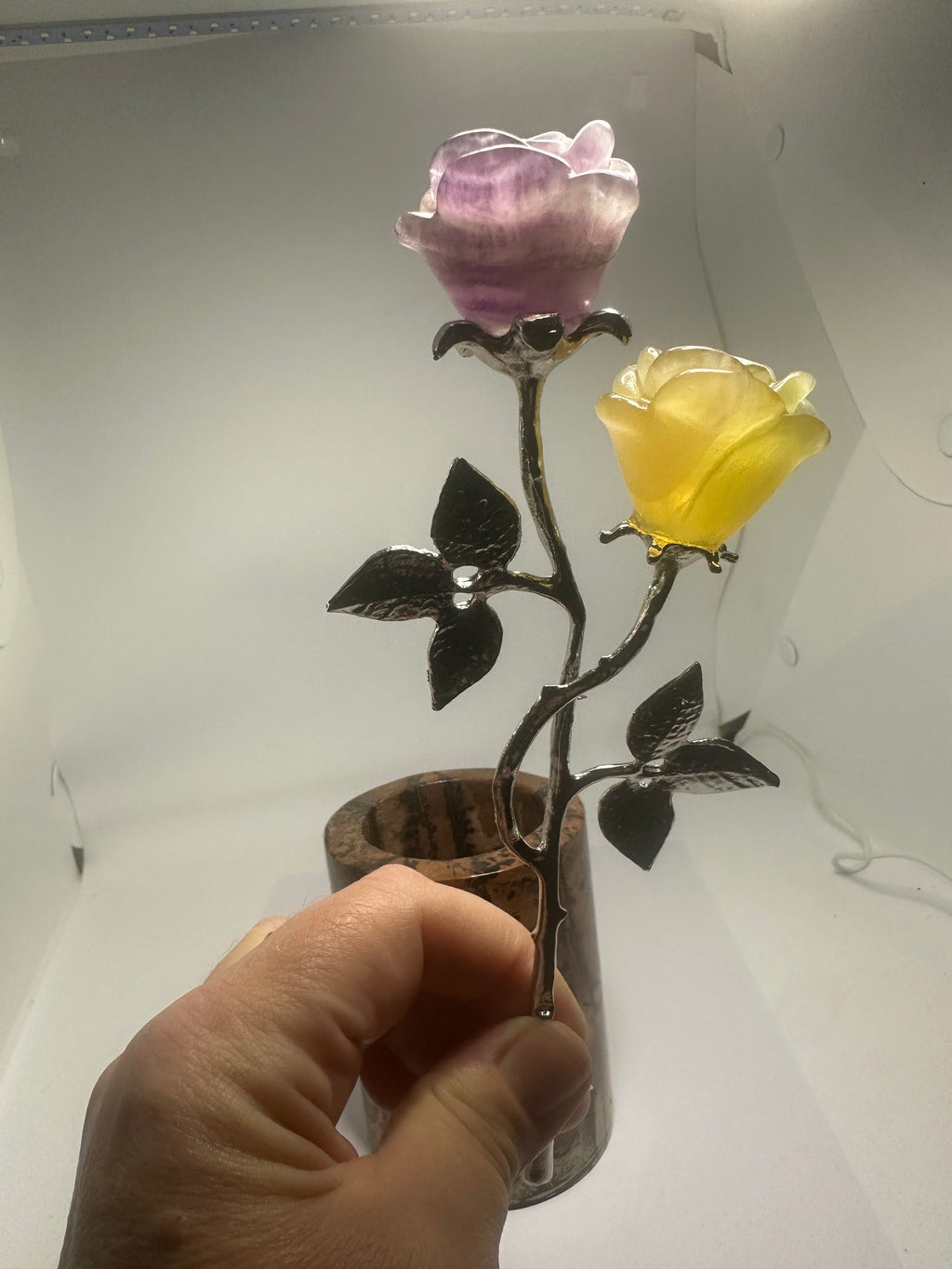 Double Fluorite Rose with Silver Metal Stem – 115g