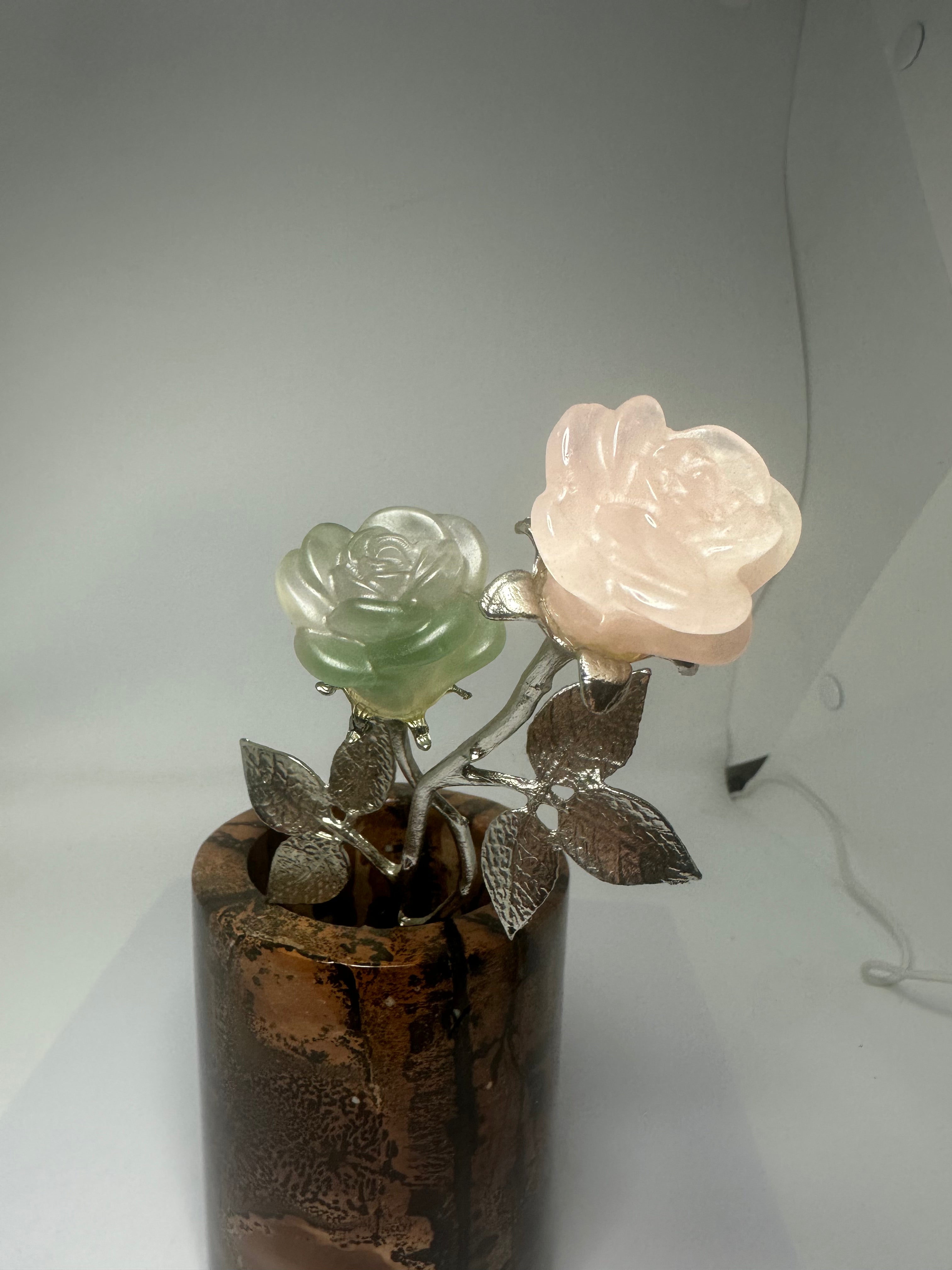 Double Rose with Silver Metal Stem – Green Fluorite & Rose Quartz – 100g