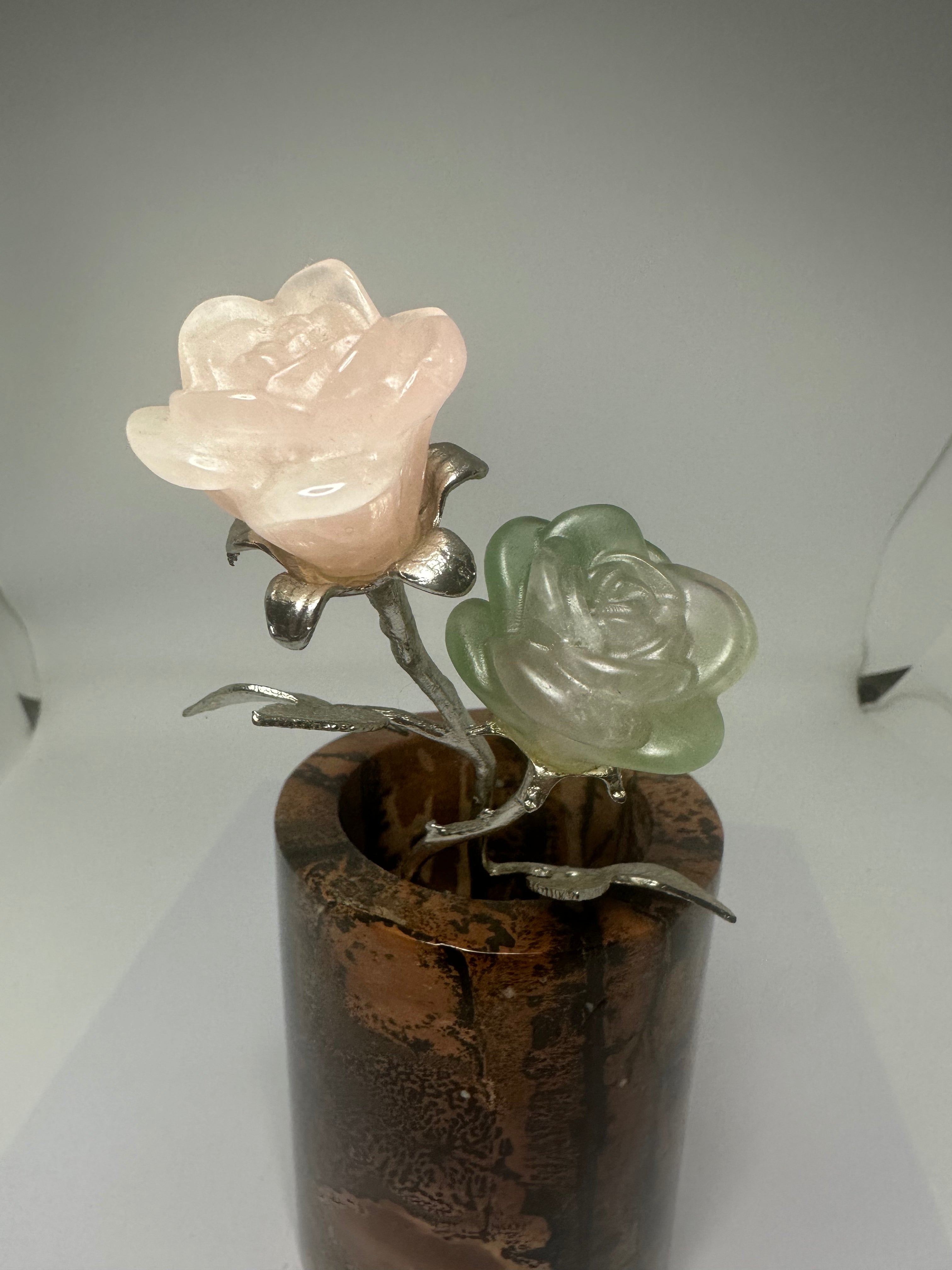 Double Rose with Silver Metal Stem – Green Fluorite & Rose Quartz – 100g