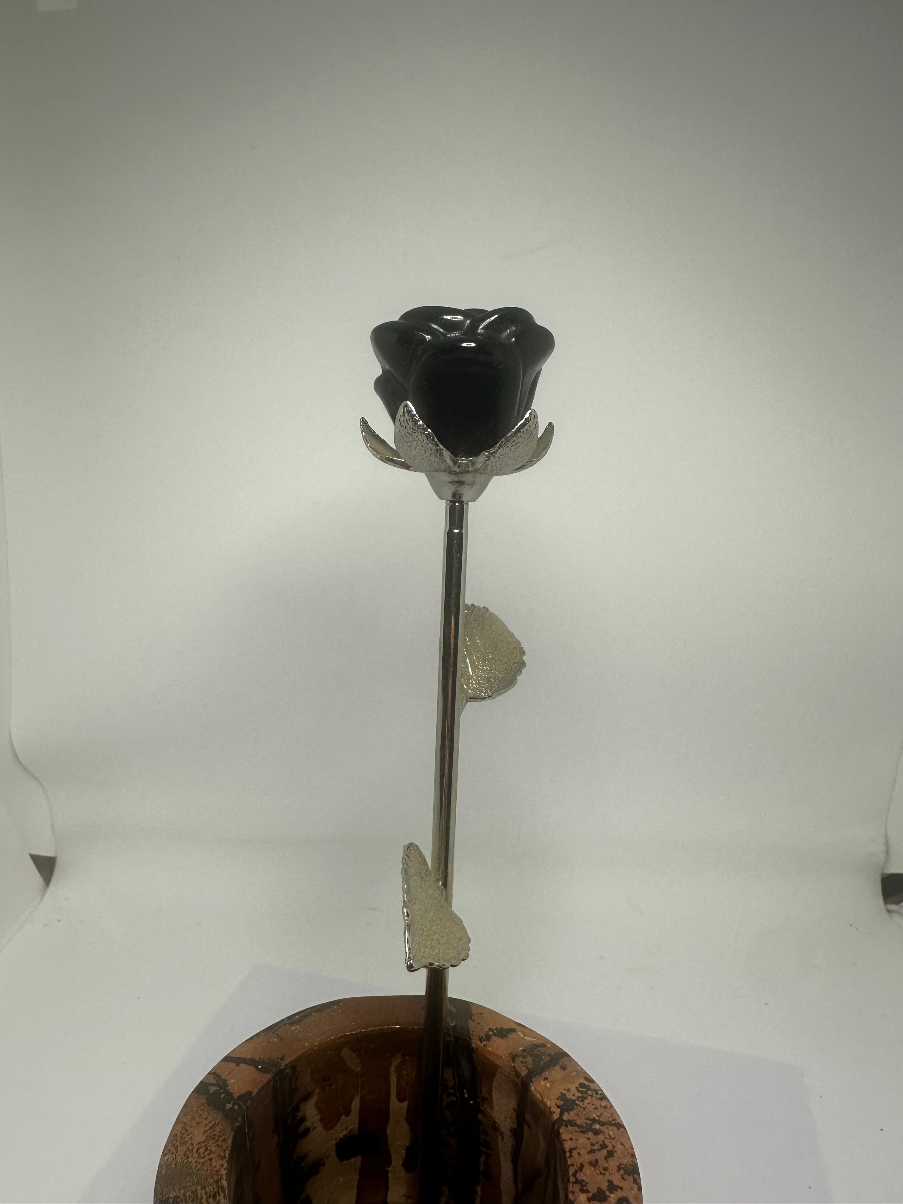 Black Obsidian Rose with Silver Metal Stem – 76g