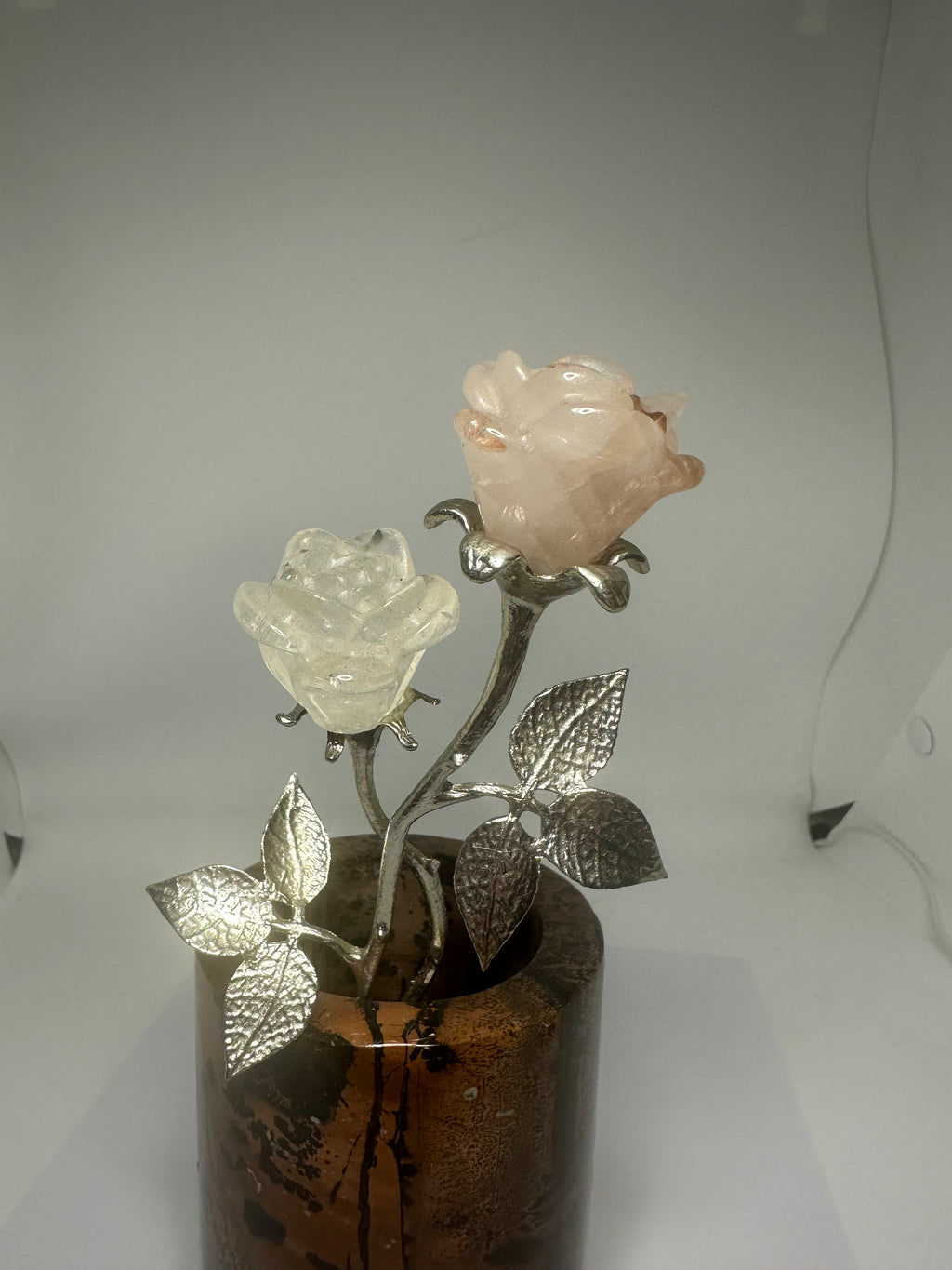 Double Rose with Silver Metal Stem – Fire Quartz & Clear Quartz – 90g