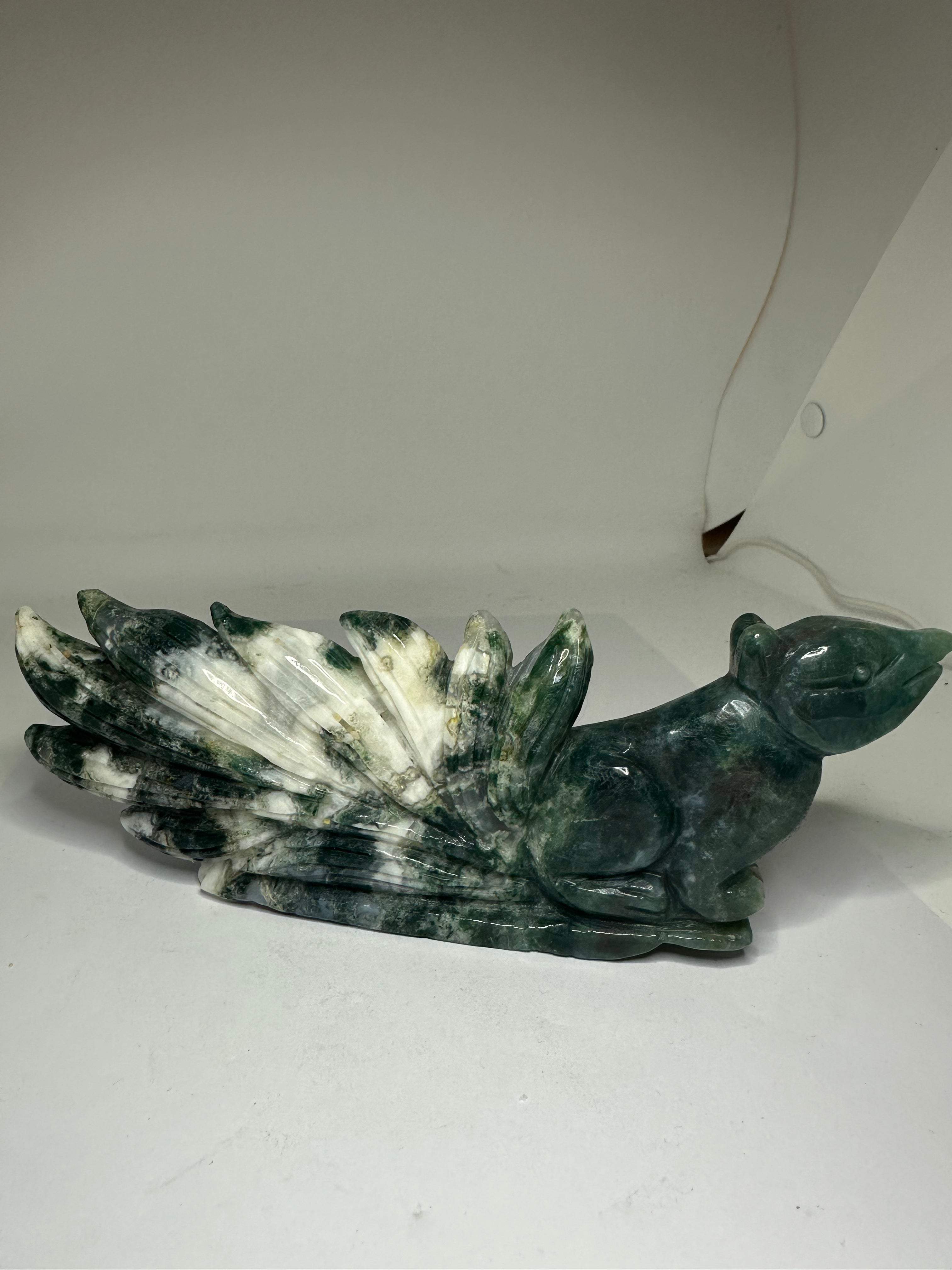Moss Agate Nine-Tailed Fox Carving – 352g