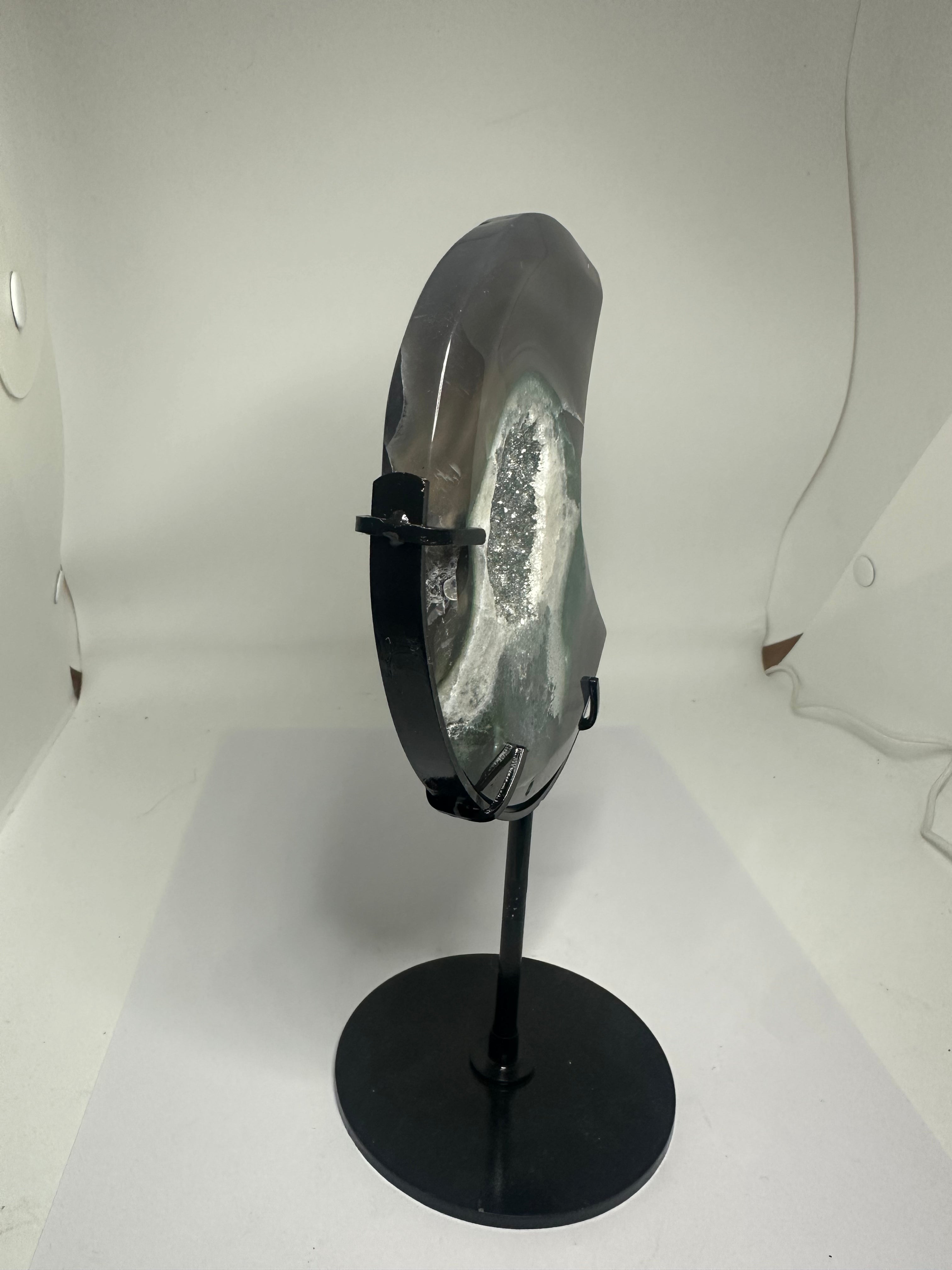 Agate Moon with Green Druzy on Custom Stand – 621g