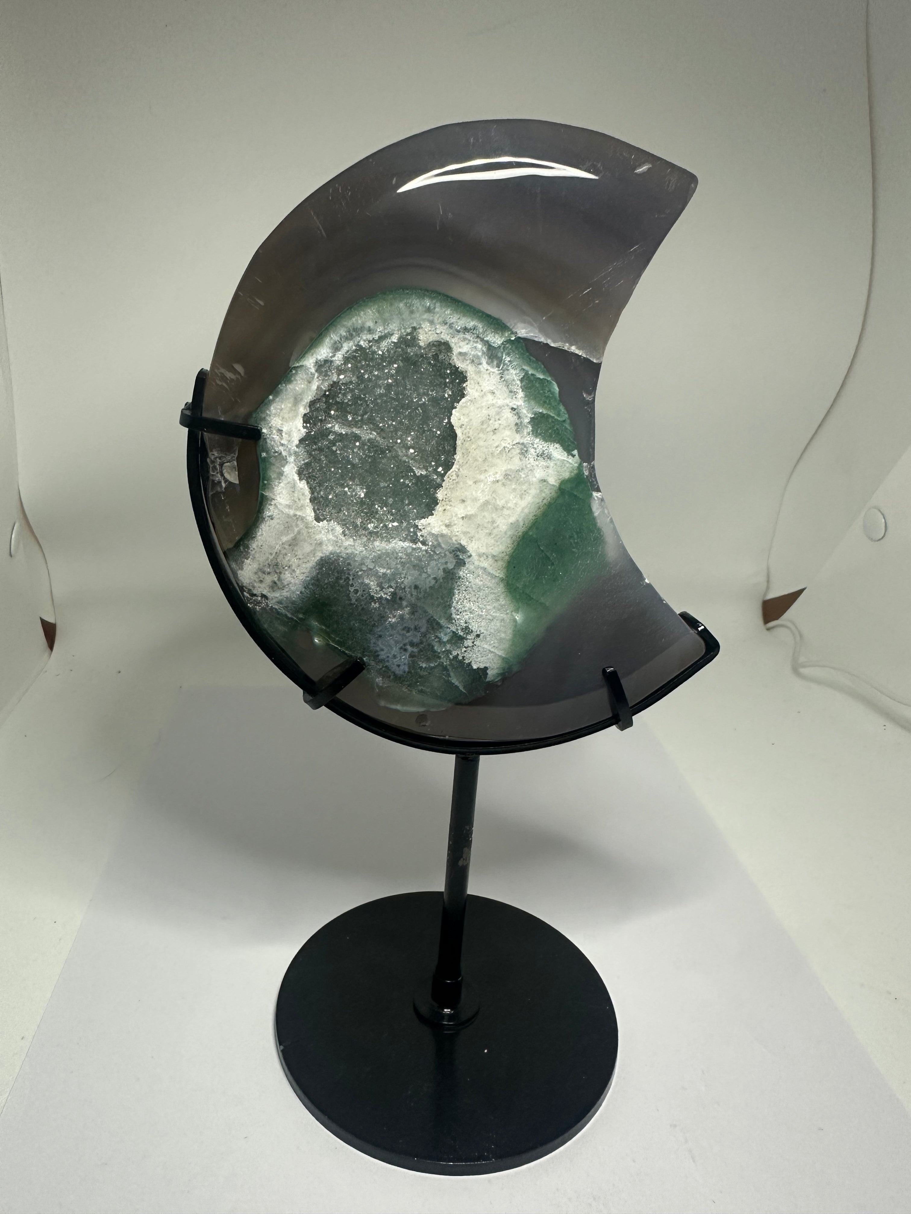 Agate Moon with Green Druzy on Custom Stand – 621g