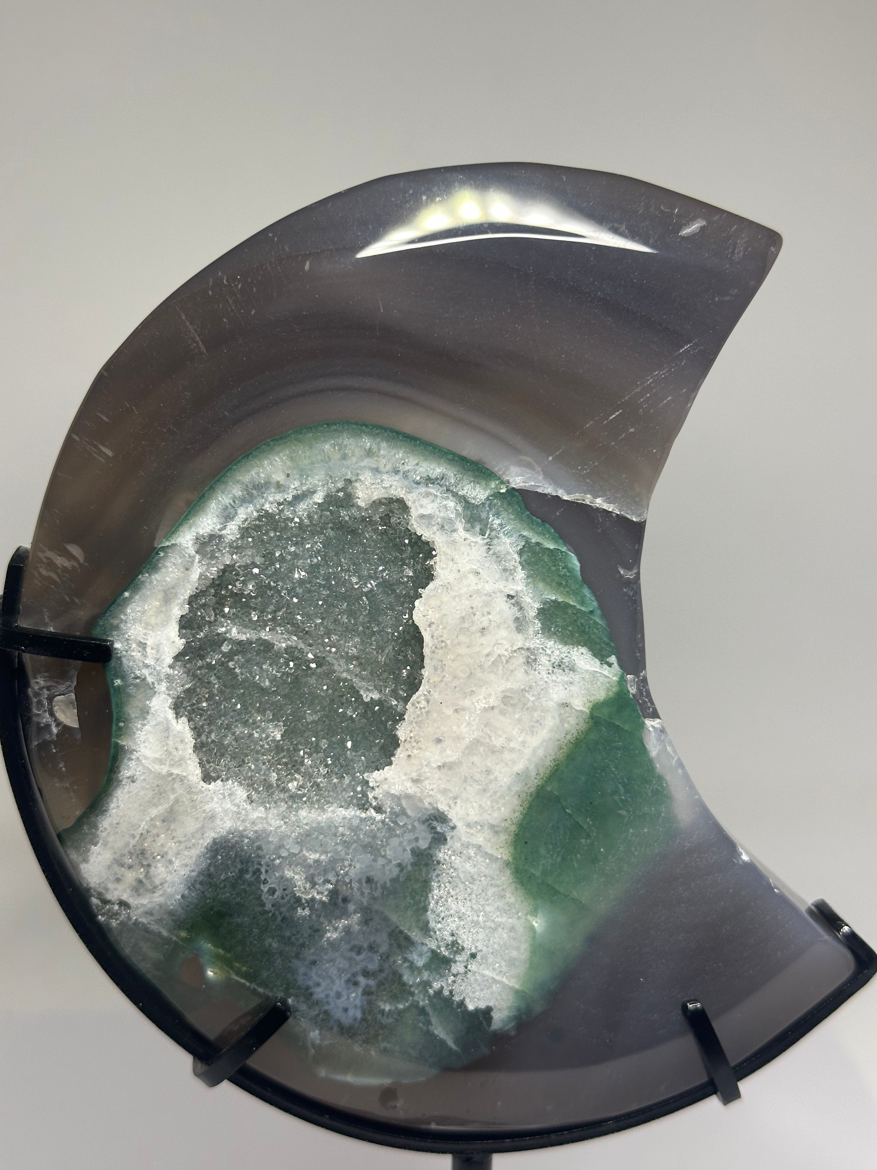 Agate Moon with Green Druzy on Custom Stand – 621g
