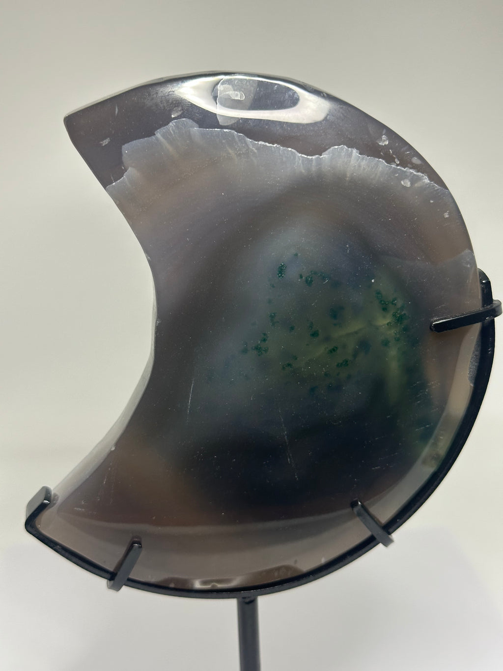 Agate Moon with Green Druzy on Custom Stand – 621g