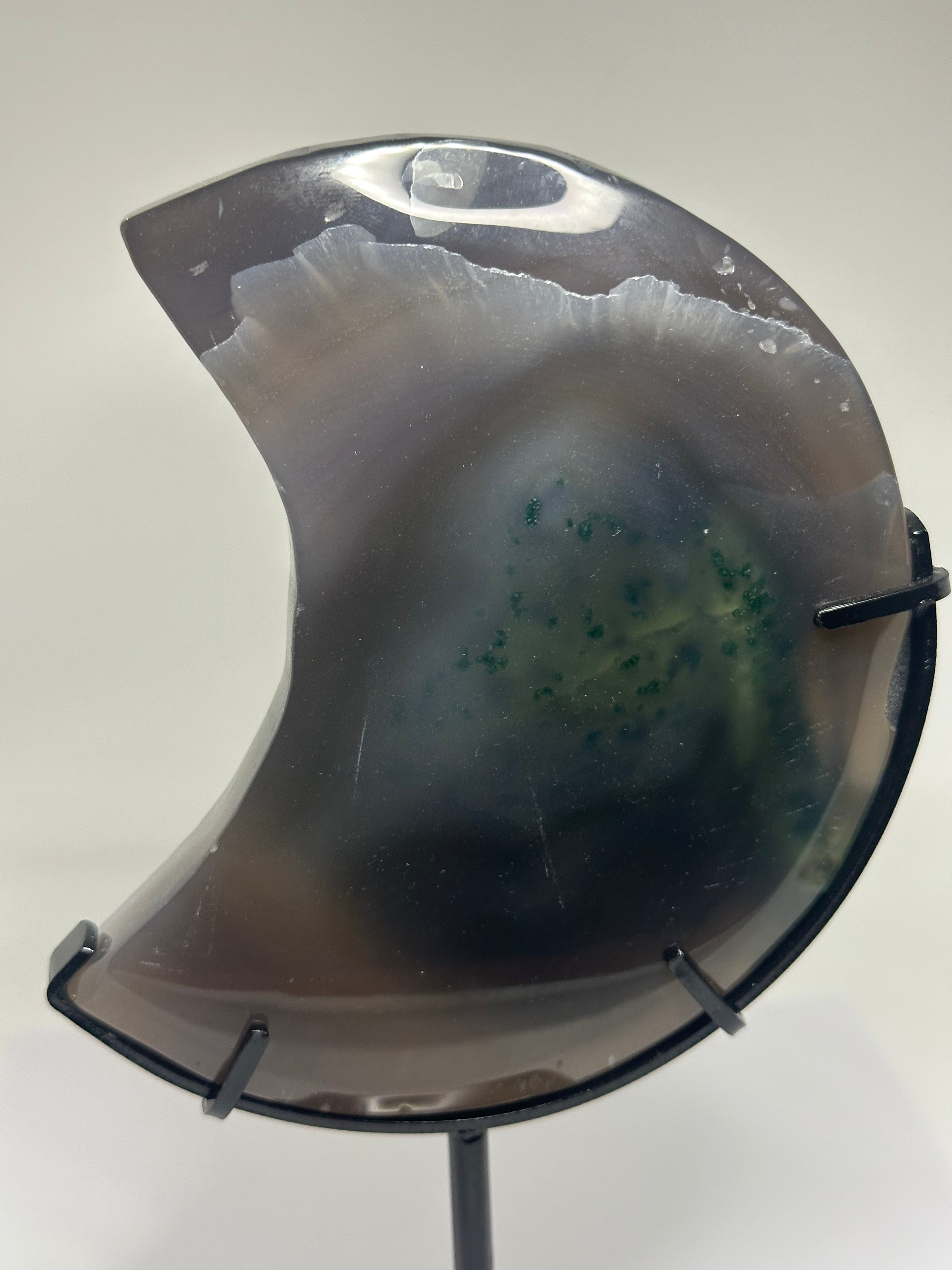 Agate Moon with Green Druzy on Custom Stand – 621g