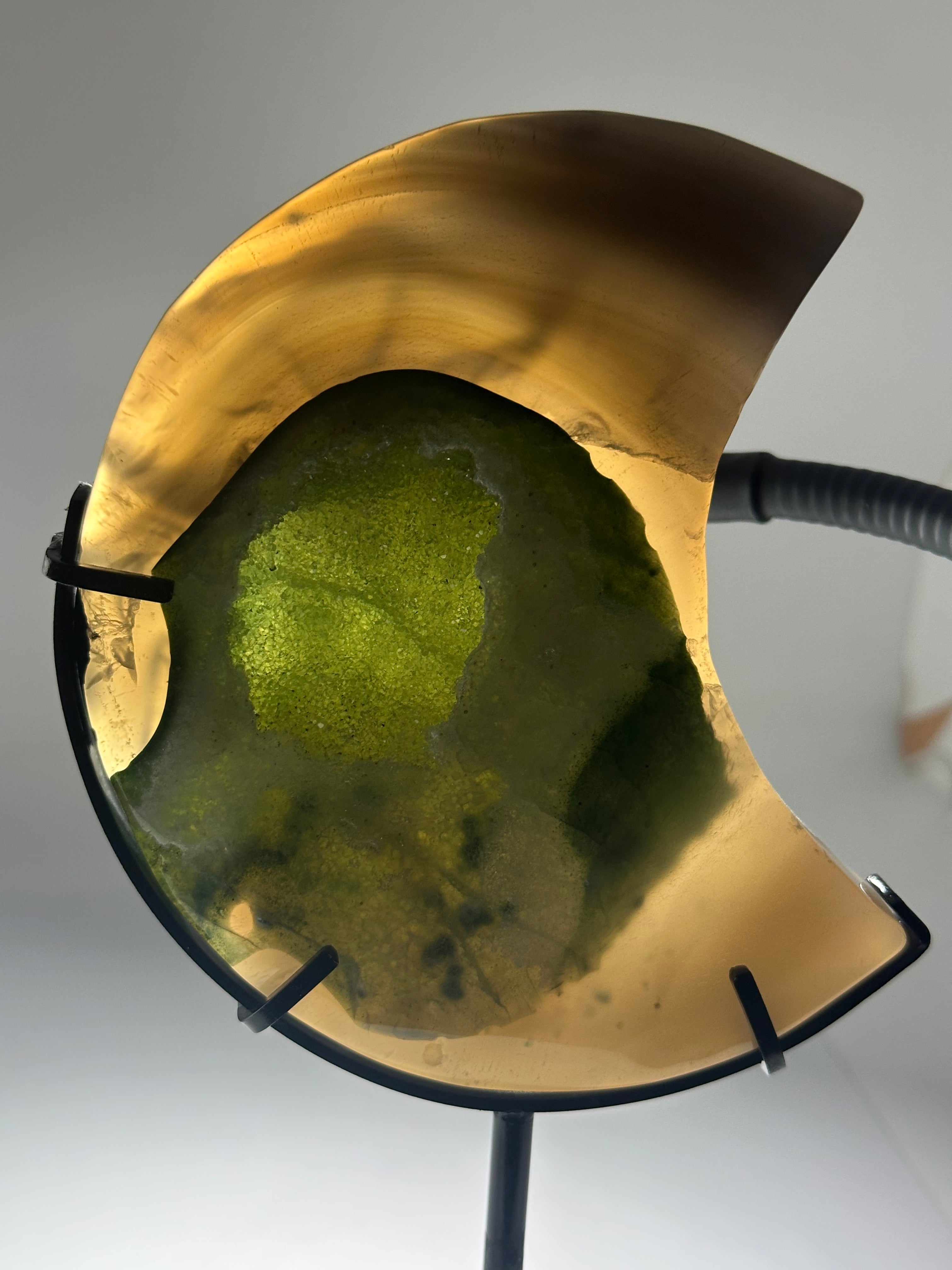 Agate Moon with Green Druzy on Custom Stand – 621g