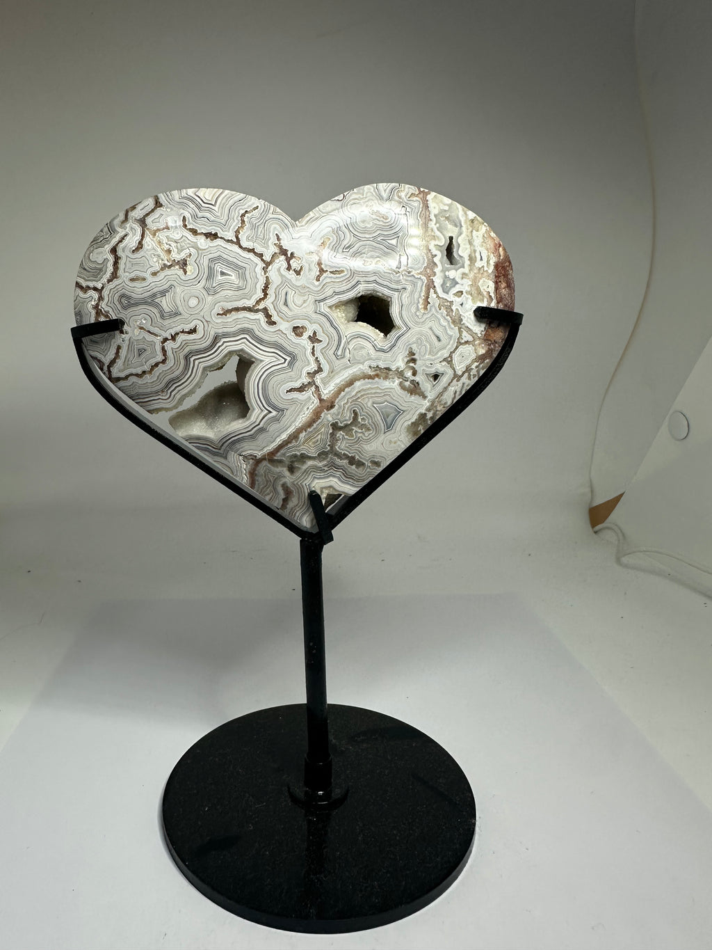 Mexican Agate Heart with Druzy on Custom Stand – 569g