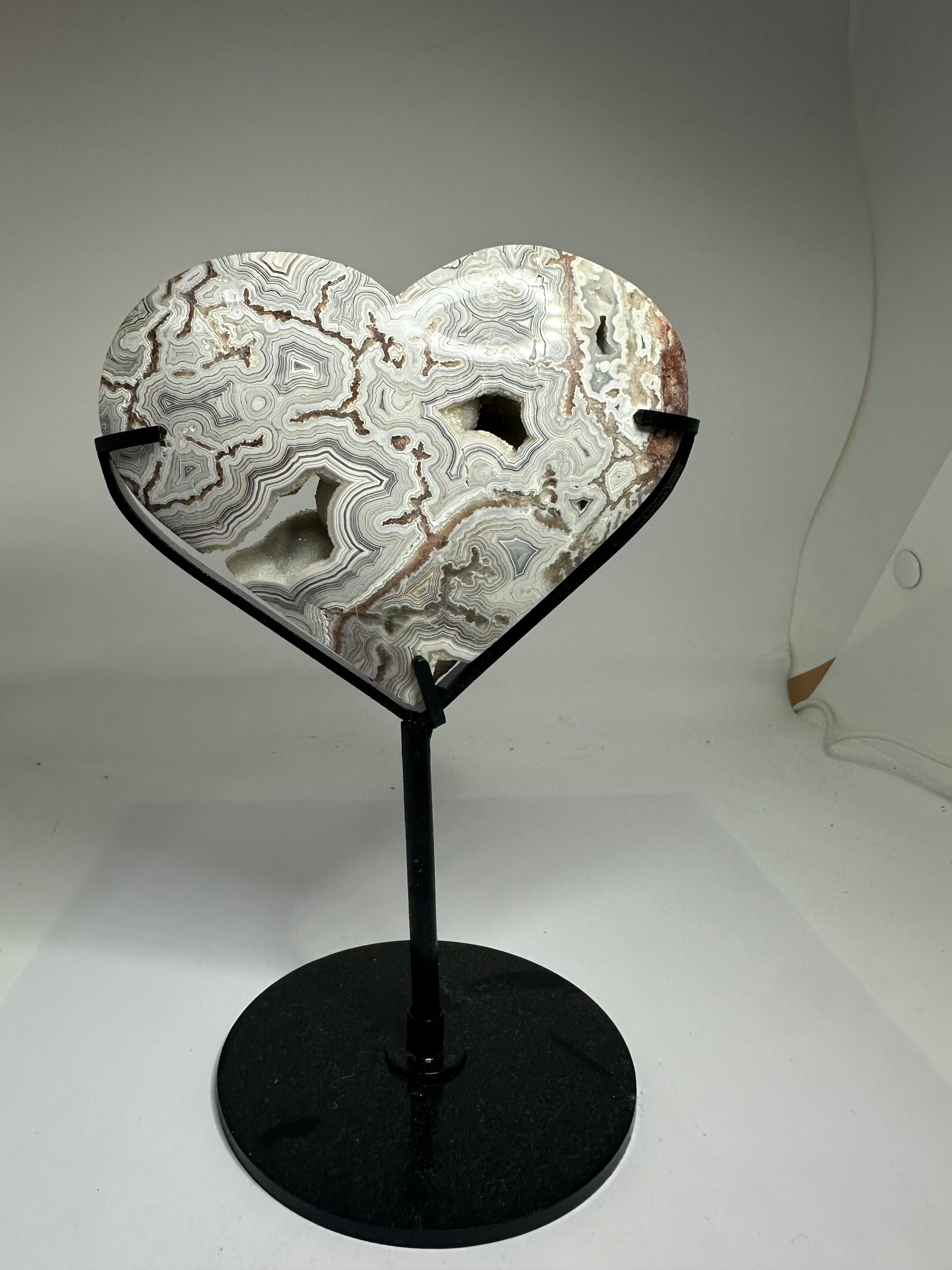 Mexican Agate Heart with Druzy on Custom Stand – 569g