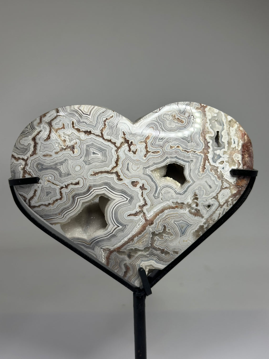 Mexican Agate Heart with Druzy on Custom Stand – 569g