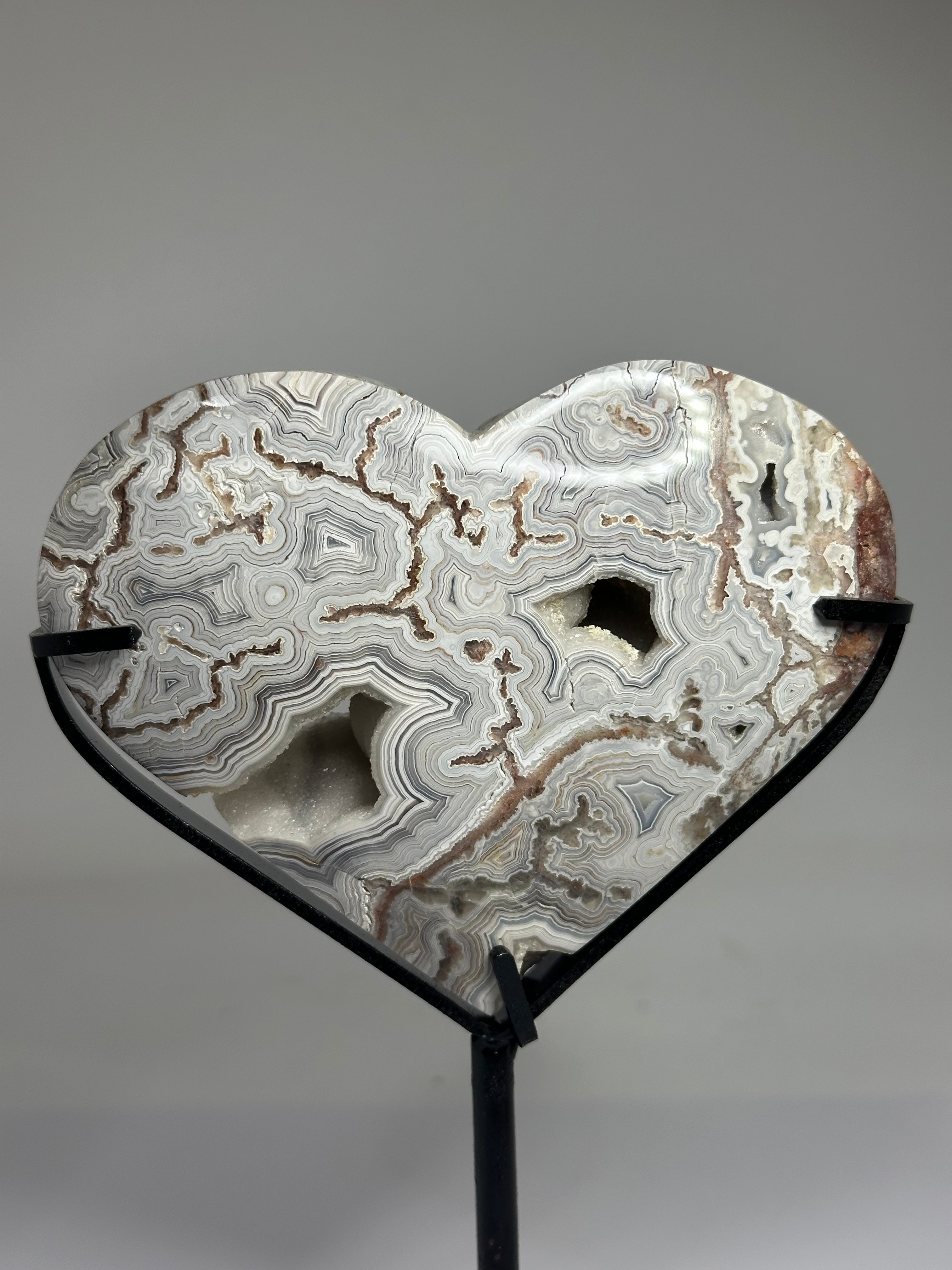 Mexican Agate Heart with Druzy on Custom Stand – 569g