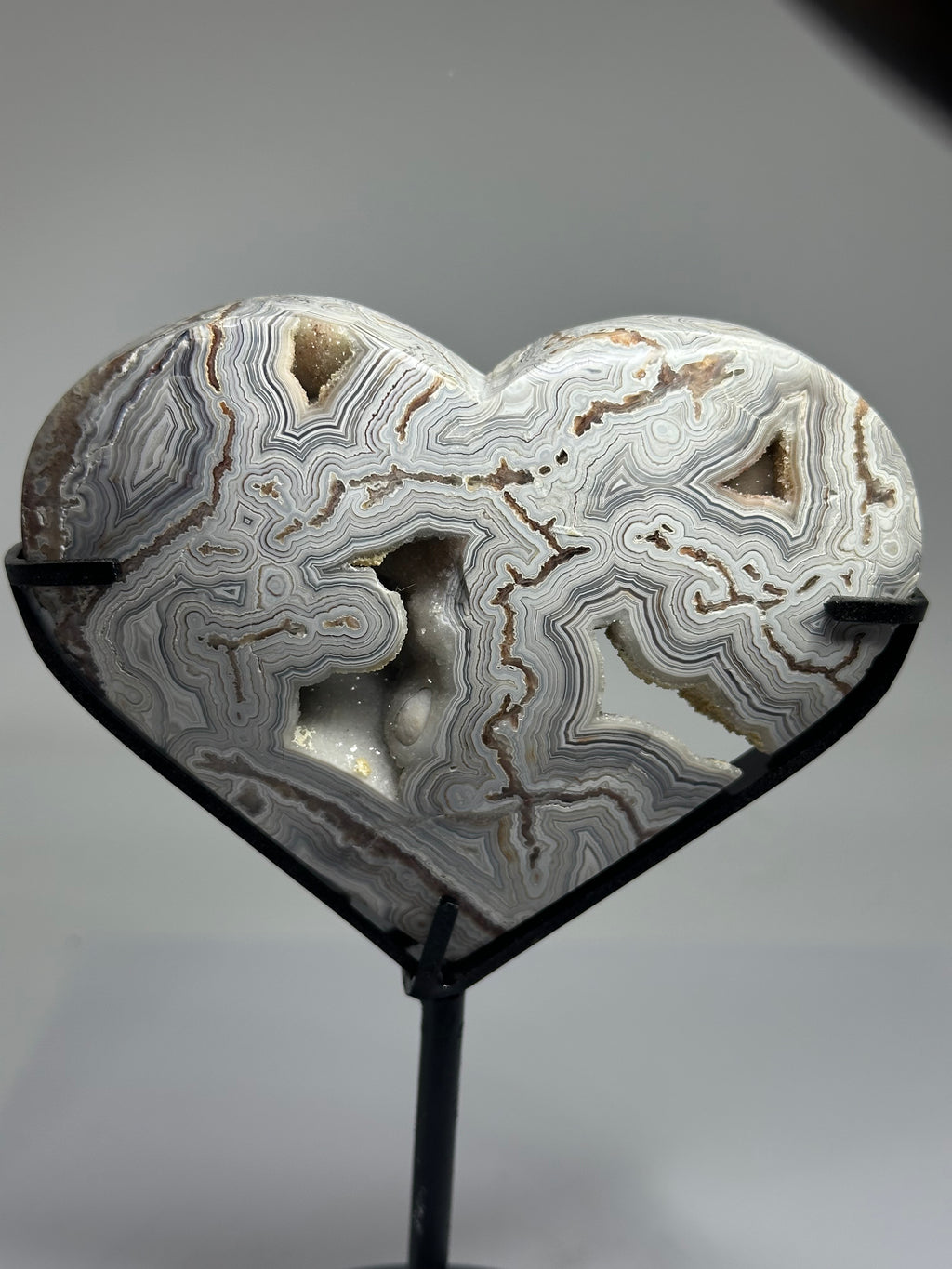 Mexican Agate Heart with Druzy on Custom Stand – 569g
