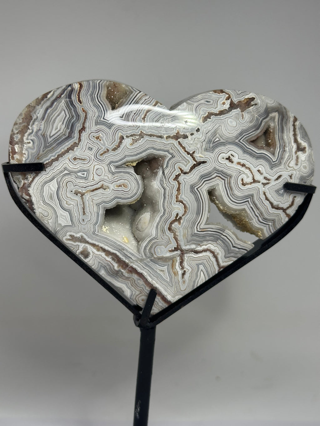 Mexican Agate Heart with Druzy on Custom Stand – 569g