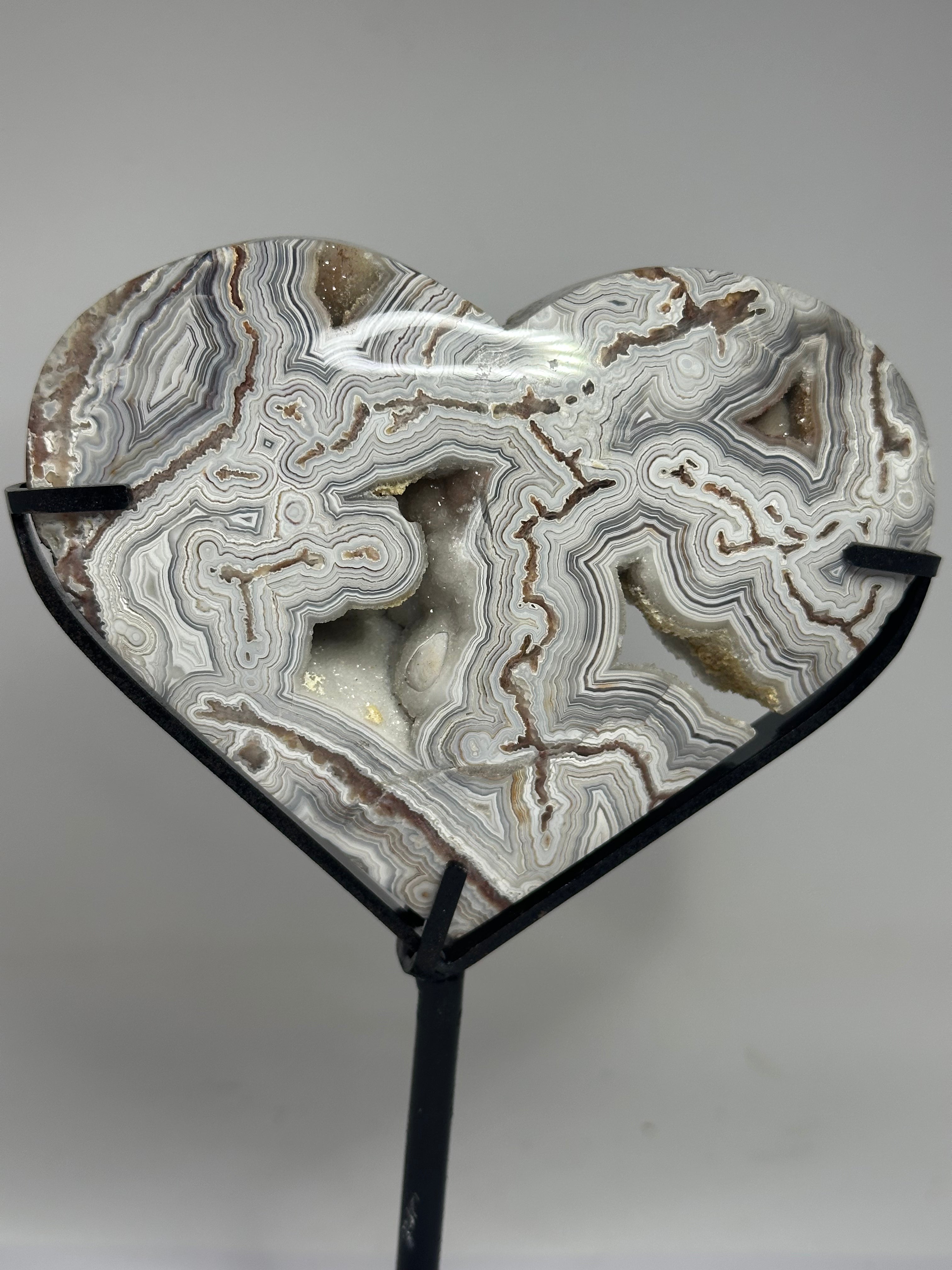 Mexican Agate Heart with Druzy on Custom Stand – 569g