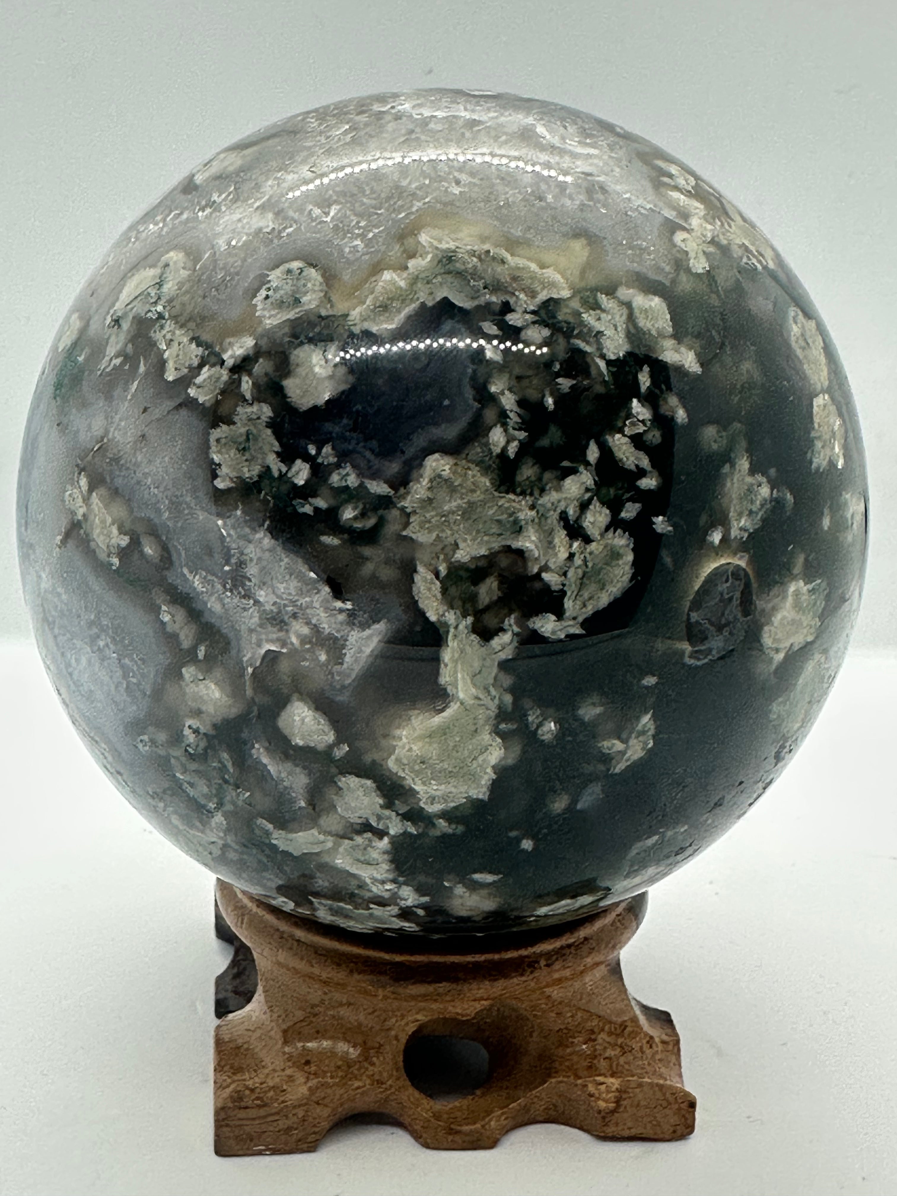 Moss Agate Sphere with Druzy – 98mm / 1.268kg