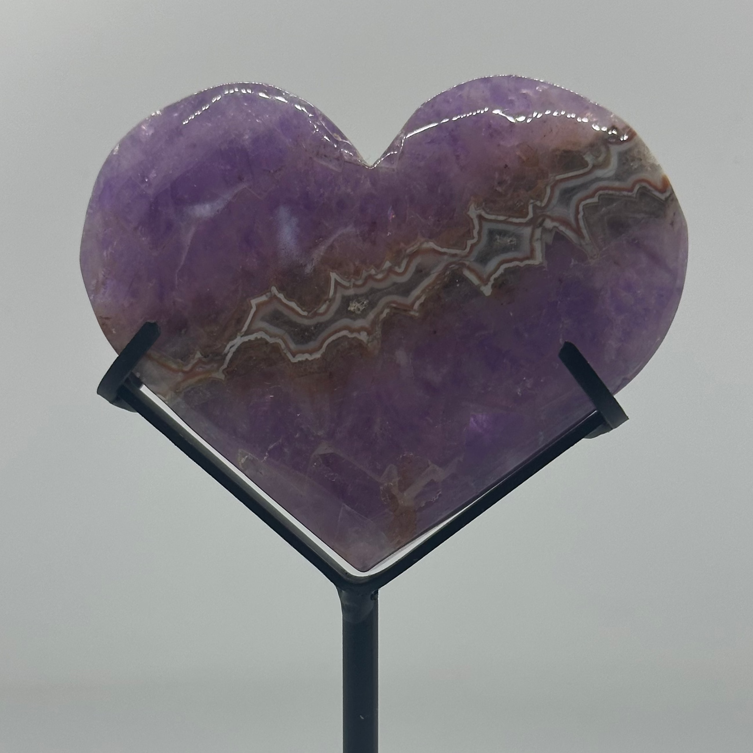 Custom Amethyst Agate Heart Carving with Custom Stand – 345g