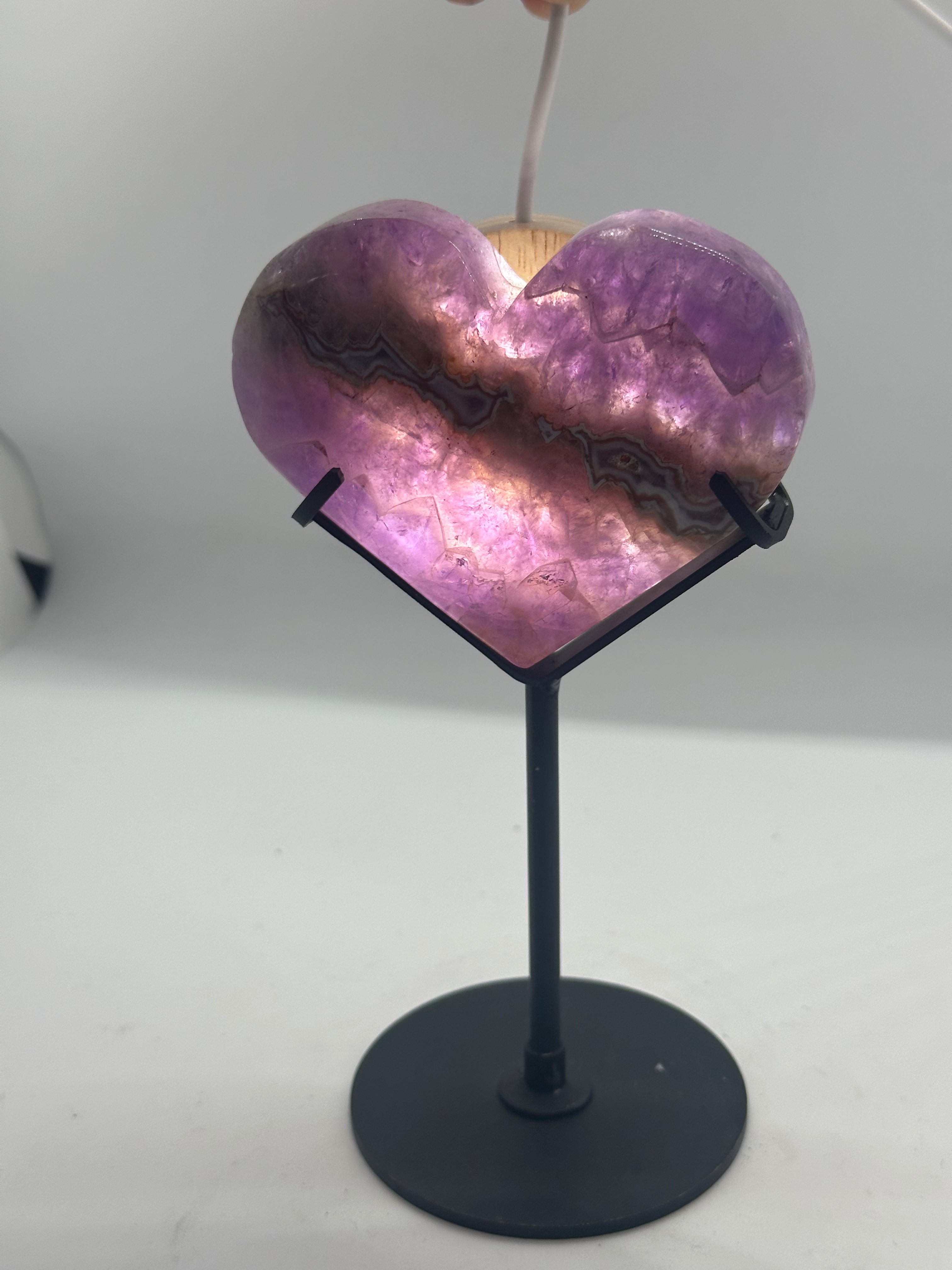 Custom Amethyst Agate Heart Carving with Custom Stand – 345g