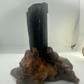 Raw Black Tourmaline Specimen with Custom Wooden Stand – 521g