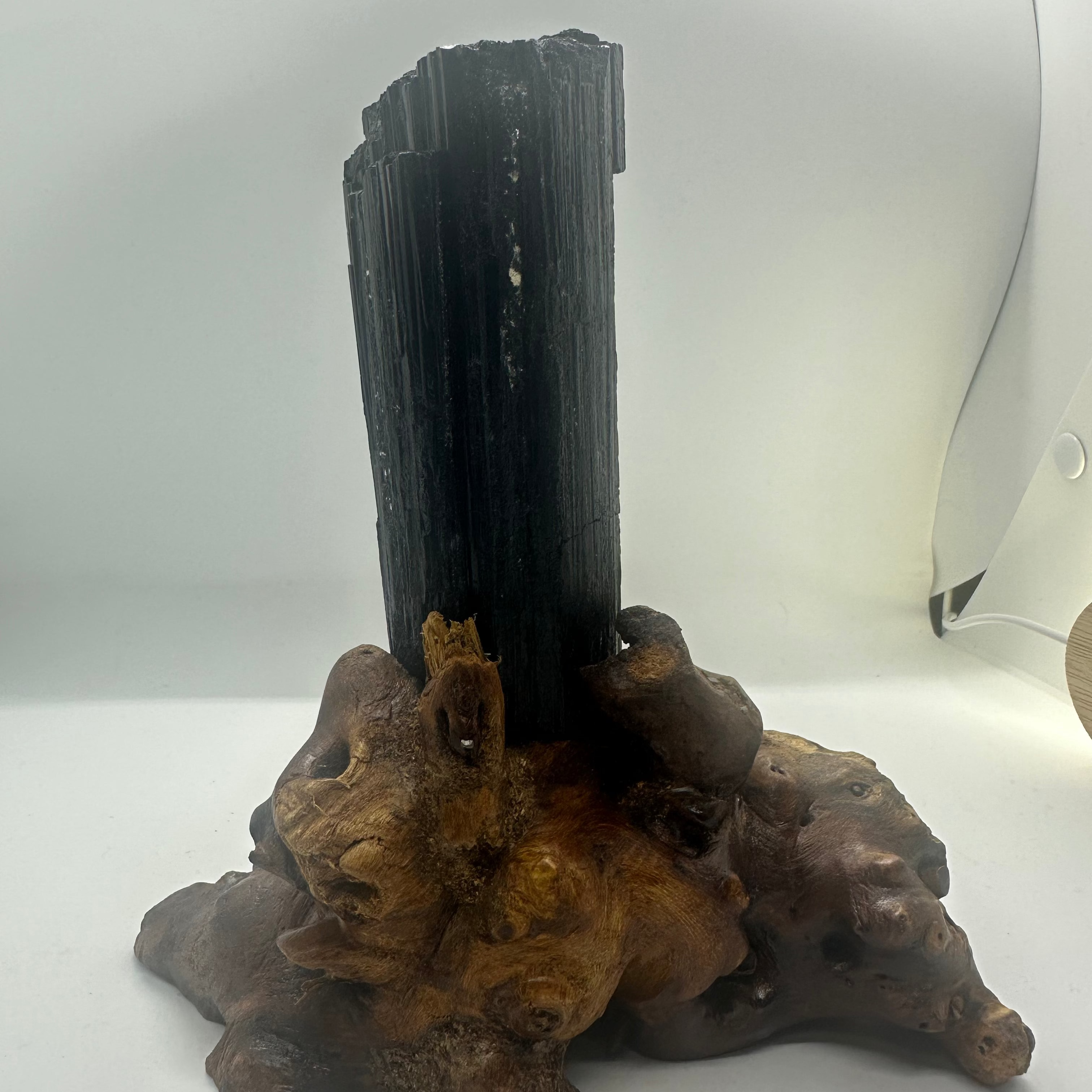 Raw Black Tourmaline Specimen with Custom Wooden Stand – 521g