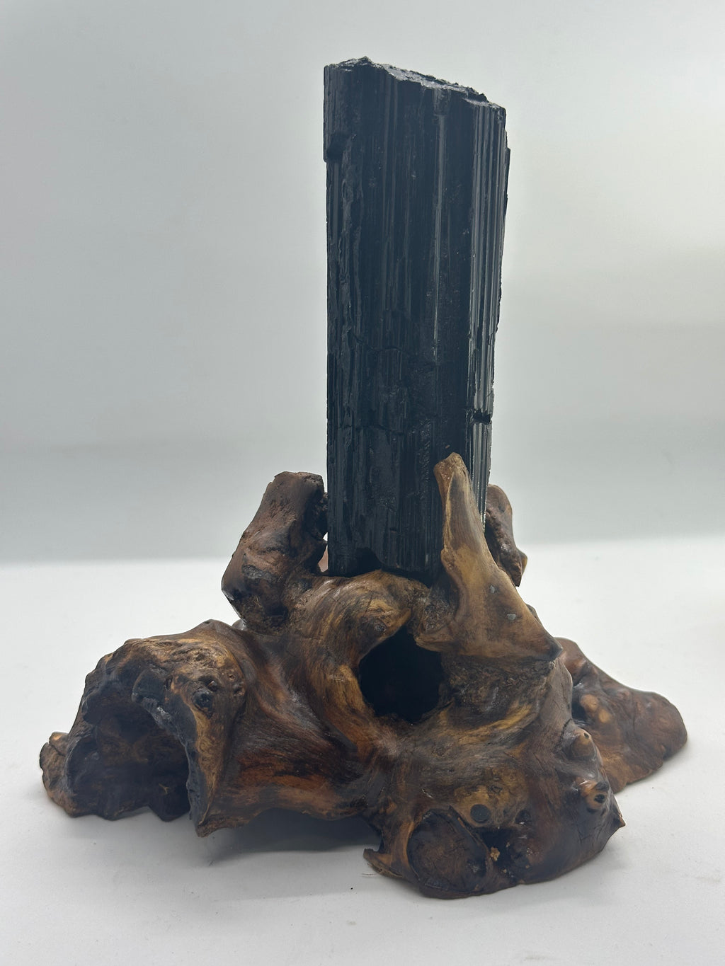 Raw Black Tourmaline Specimen with Custom Wooden Stand – 521g