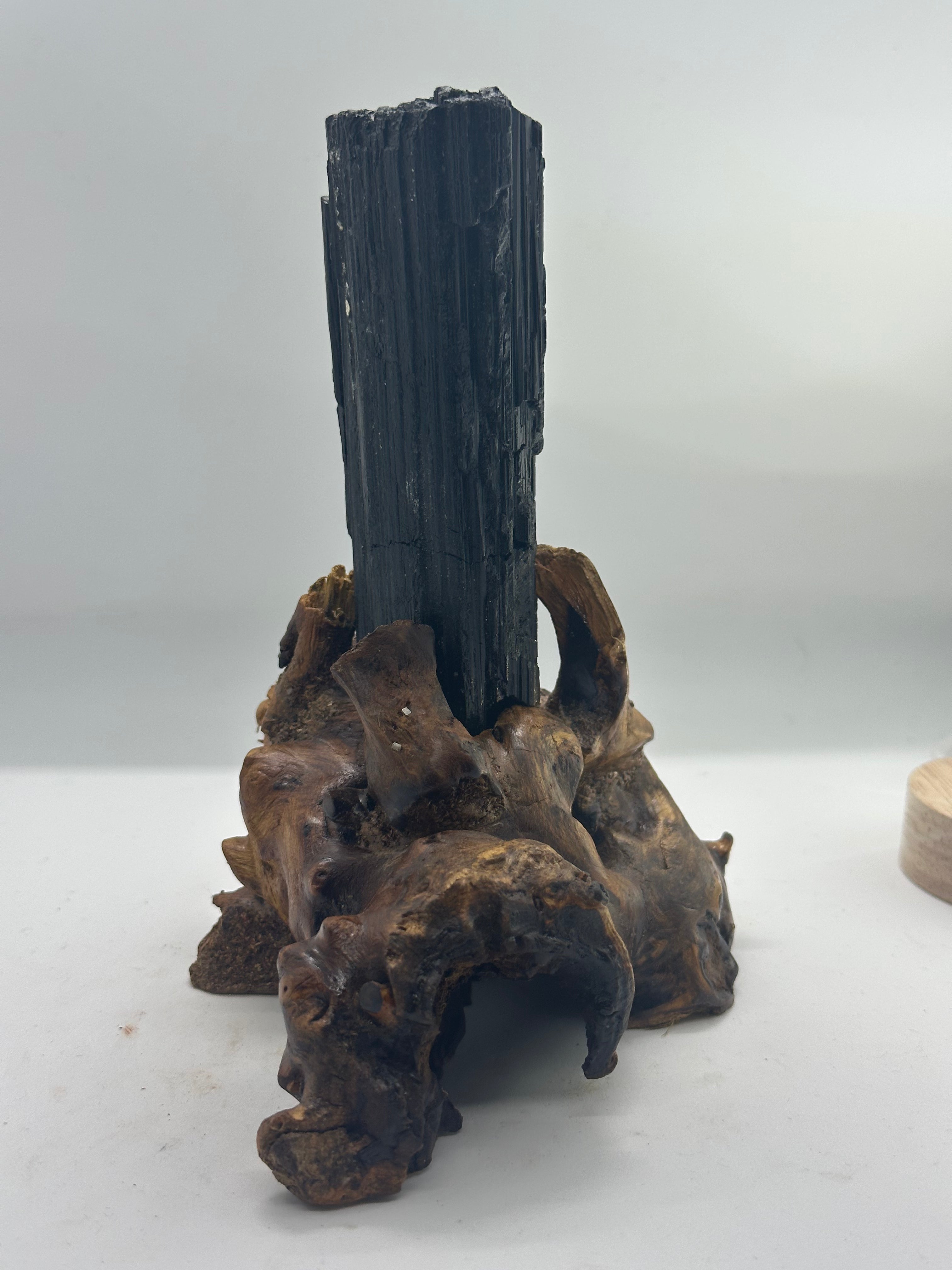 Raw Black Tourmaline Specimen with Custom Wooden Stand – 521g